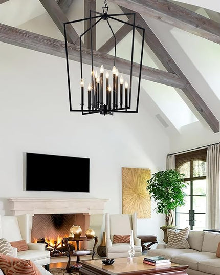 Vezzio Black Chandelier, 12-Light Modern Farmhouse Chandeliers Geometric Industrial Pendant Light Fixture Lantern for Dining Room Foyer Kitchen Island High Ceiling Hallway Entryway, D30 Inch
