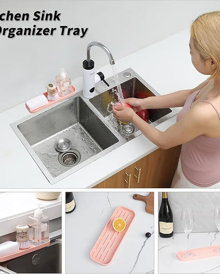 Silicone Kitchen Sink Organizer Tray for Multiple Usage,Easy Clean,Eco-Friendly Sponges Holder for Kitchen Bathroom Counter or Sink,Dish Soap Dispenser,Scrubber,Bottle,Cup Pink 12" x 4”