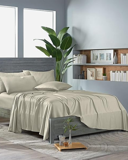 Pure Bamboo Split King Sheets, Genuine 100% Organic Viscose Derived from Bamboo Bed Sheet Set, Soft & Cooling, Double Stitching, 2 Fitted Sheets (Split King, Birch)