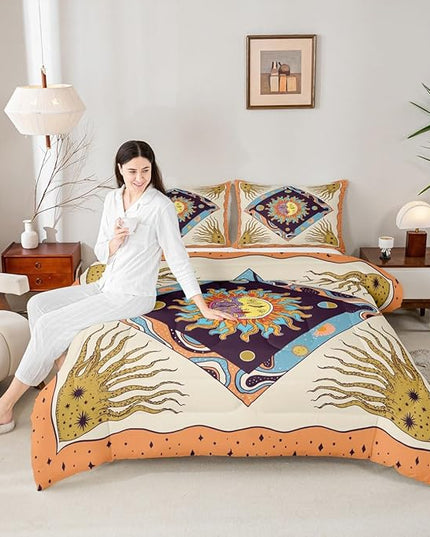 Sun Moon Trippy Comforter Set Queen, Star Galaxy Boho Exotic Bedding Set 3pcs for Kids Teens Adults Room Decor, Geometric Creative Quilt Set, Colorful Bright Duvet Insert with 2 Pillowcases