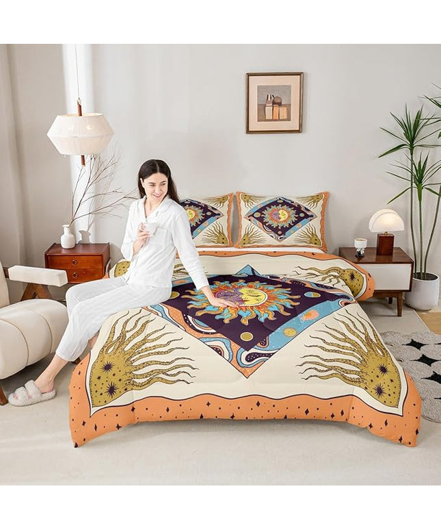Sun Moon Trippy Comforter Set Queen, Star Galaxy Boho Exotic Bedding Set 3pcs for Kids Teens Adults Room Decor, Geometric Creative Quilt Set, Colorful Bright Duvet Insert with 2 Pillowcases