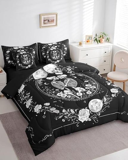 Feelyou Sun and Moon Comforter Set King Size 7 Pieces Comforters Gothic Skull Skeleton Bedding Set Rustic Garden Flower Bed Set Bed in a Bag with Comforter, Sheets, Pillowcases & Cushion Covers
