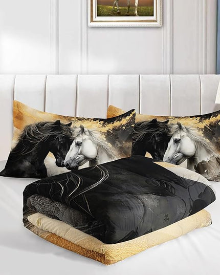 Black White Horses Comforter Set King Size,Golden Ink Painting Flora Bedding Set for Kids and Adults Bedroom Horse Decor,Wild Animal Theme Art Aesthetics Comforter Set with 2 Pillowcases.