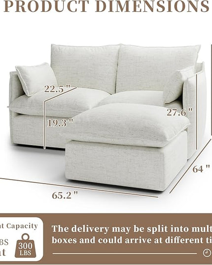 Waterproof Cloud Sectional Couches,High Backrest Down Filled Sofa for Living Room,Modular Sofas 2 Seater with Ottoman,Detachable Couch Covers,Cream White