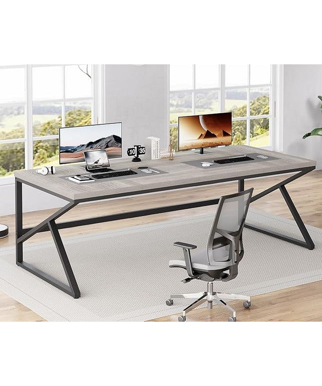 HSH 78 Inch Long Home Office Desk, Extra Large Grey Computer Desk for 2 Person, Industrial Wooden and Metal Executive Work Writing Study Gaming Desk Table, Modern Bedroom PC Laptop Desk Double Desk