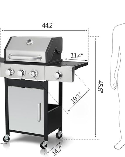 3-Burner Propane Gas Grill with Side Burner, 37,230 BTU Stainless Steel BBQ Grill with Enamel Cast Iron Grates, Warming Rack & Locking Wheels for Outdoor Patio