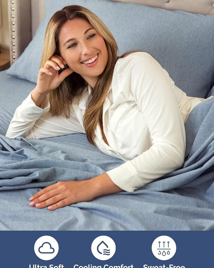 Extra Deep Queen Sheet Set - 6 Piece Breathable and Cooling Sheets - Hotel Luxury Bed Sheets Set - Easy Fit - Soft, Wrinkle Free and Comfy Sheets Set - Heathered Blue Sheet Set with Extra Deep Pockets