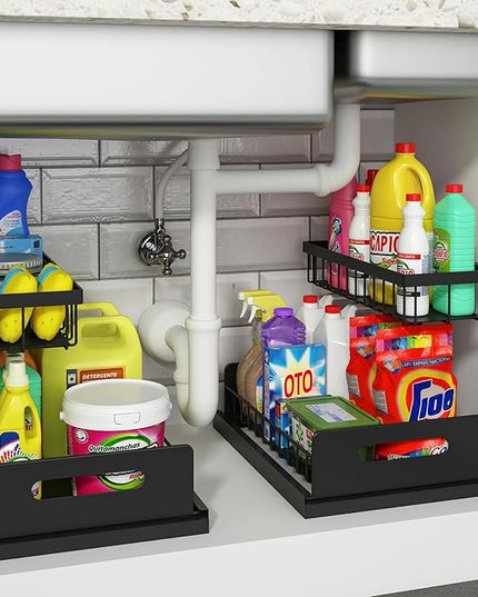 REALINN Under Sink Organizer, Pull Out Cabinet Organizer Slide Out Sink Shelf Cabinet Storage Shelves, Storages for Kitchen Bathroom, Black, 2 Pack