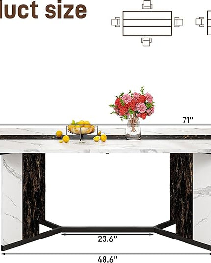 71 inch Dining Table for 4 5 6 | Modern White&Black Rectangular Kitchen Table W/Waterproof Wood Tabletop,Farmhouse Long Dining Room Tables W/Adjustable Legs&Wood Strip Base for Kitchen Living Room