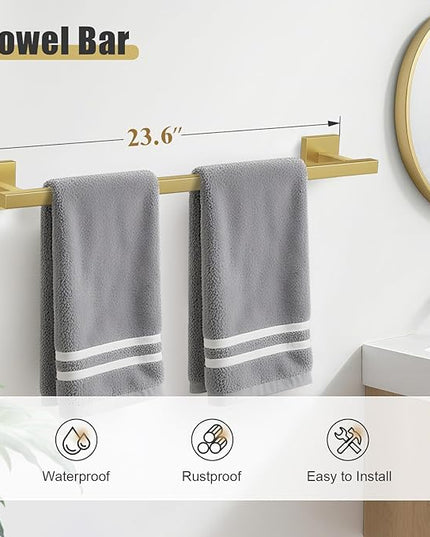 YACVCL 5-Pieces Brushed Gold Bathroom Hardware Accessories Set Stainless Steel Bathroom Towel Bar Set Towel Holder Set for Bathroom,Upgraded Toilet Paper Holder with Shelf,Wall Mounted 23.6"