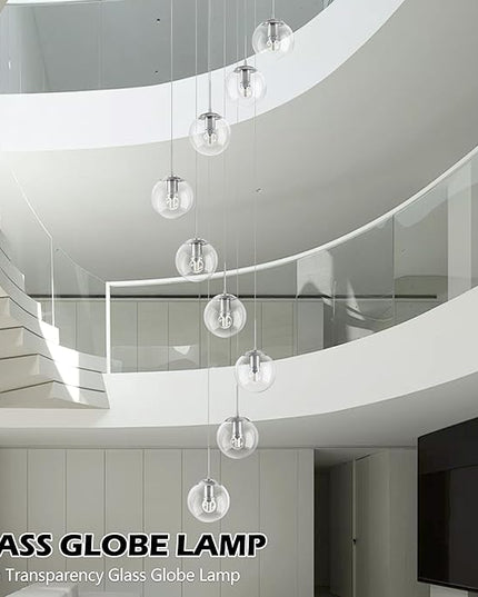 KoKo&Yukina 9-Light Globe Glass Pendant Light Adjustable Length Pendant Lights Fixtures Modern Nickel Clear Globe Glass Chandelier High Ceiling Lights Fixtures for Staircase (Bulb & Remote Incl.)