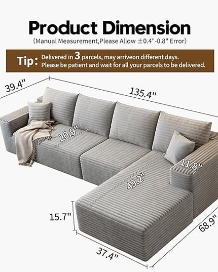 135.4" Cloud Modular Sectional Sofa Couch with L-Shape Chaise,Modern Minimalist Upholstered Couches for Living Room Bedroom,Deep Seat Corner Couch，No Assembly Required (Grey,Right Facing Chaise)