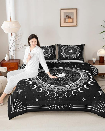 Sun Moon Kids Comforter Set Twin Size,Starry Sky Galaxy Planet Trippy Bedding Set,Boys Girls Adults Room Decor,12 Constellation Mandala Boho Down Comforter,Black White Duvet Insert,1 Pillowcase