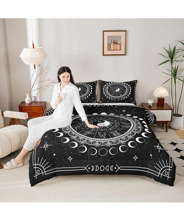 Sun Moon Kids Comforter Set Twin Size,Starry Sky Galaxy Planet Trippy Bedding Set,Boys Girls Adults Room Decor,12 Constellation Mandala Boho Down Comforter,Black White Duvet Insert,1 Pillowcase