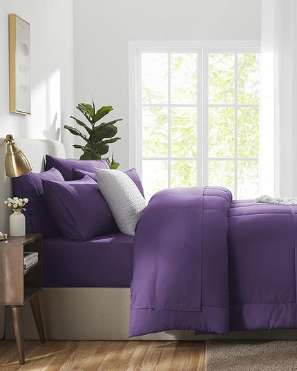 CozyLux Queen Comforter Set Purple, 7 Pieces Bed in a Bag, Purple Comforter Queen Size, All Season Bedding Sets with Stitch Quilted Comforter, Flat Sheet, Fitted Sheet, Pillowcases