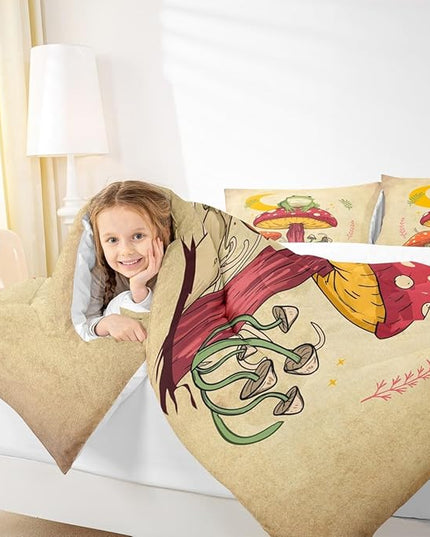Mushroom Kids Comforter Set King Size,Frog Plants Botanical Colorful Bedding Set,Girls Boys Adults Bedroom Decor,Sun Moon Starry Sky Down Comforter,Brown Rustic Retro Duvet Insert,2 Pillowcases