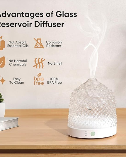 Glass Essential Oil Diffuser, 200ml Ultrasonic Aroma Diffusers with Glass Reservoir Dome & White Plastic Base Lock Color Auto-Off Timer 7 Color Light for Home Office Bedroom Yoga