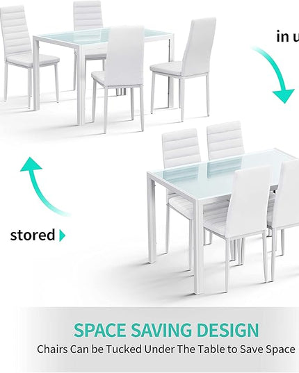 Gizoon 5 Piece Glass Dining Table Set, Kitchen and Chairs for 4, PU Leather Modern Room Sets for Home, Kitchen, Living Room