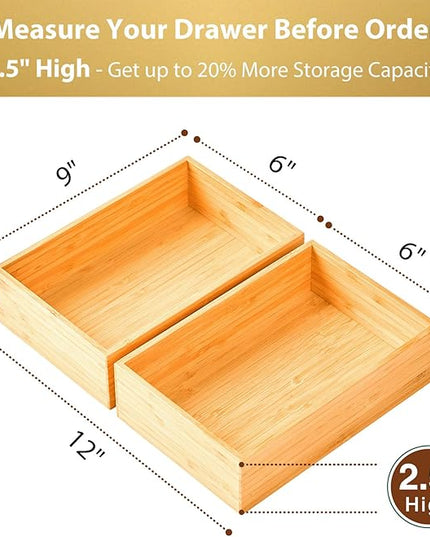 Umilife Bamboo Kitchen Drawer Organizer, Extra High Silverware Tray, Flatware Cutlery Storage Box, Multi-Use Holder in Office, Bathroom, Pantry - 9"x6"x2.5" (Set of 2)