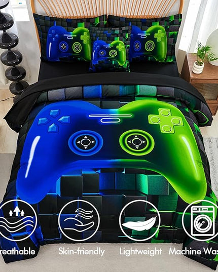 PERFEMET Gamer Comforter Queen Set 6 Pieces Blue and Green Game Console Boys Bedding Set with Sheets Soft Fluffy 3D Video Game Bed in a Bag for Kids Teen(Blue Green, Queen)