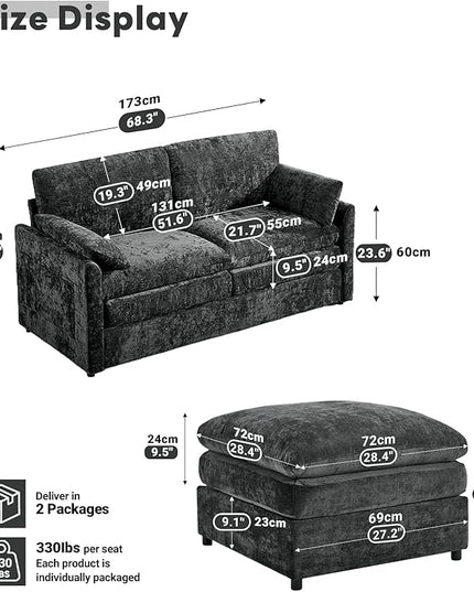 Tbfit Living Room Furniture Set, Loveseat Couch & Ottoman, Modern Comfy Cloud Sofa Set, Spring Seat Cushions, Chenille, Dark Gray