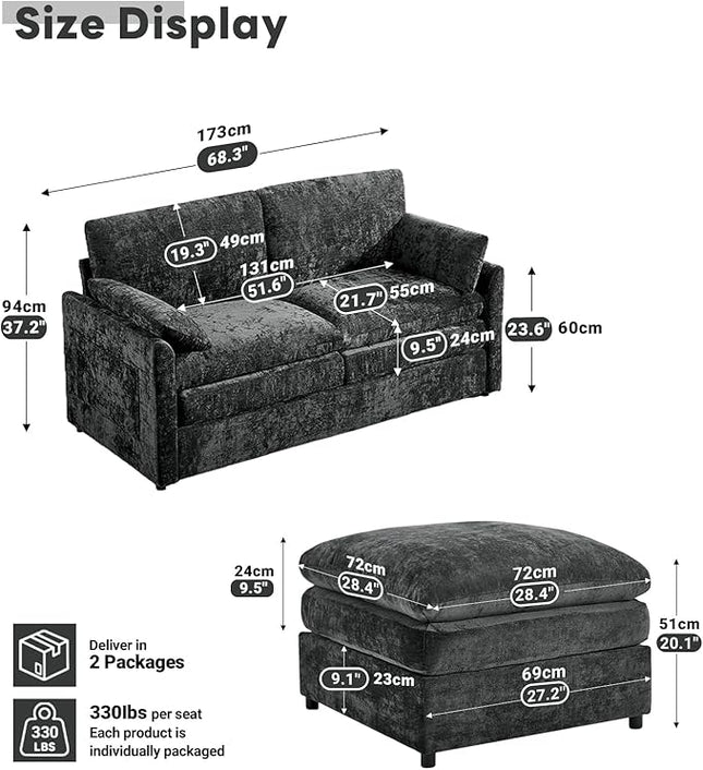 Tbfit Living Room Furniture Set, Loveseat Couch & Ottoman, Modern Comfy Cloud Sofa Set, Spring Seat Cushions, Chenille, Dark Gray