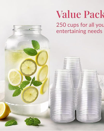 Prestee 250-Pack - 9oz Clear Plastic Cups - Durable Disposable Plastic Wine Glasses for Party, Weddings, and Catering - Small Drinking Glasses for Cocktails and Beverages - Heavy-Duty Fruit Punch Cups