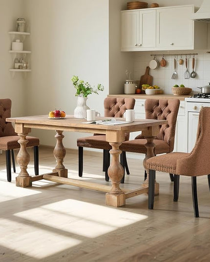 SoarFlash Linen Fabric Dining Chair Set of 2, Upholstered Tufted Dining Room Chair with Nailhead Trim and Solid Light Color Wood Leg for Kitchen (Coffee)
