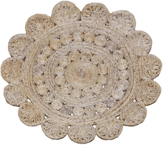Hand Woven Jute ECO-Friendly Oriental Area Rugs - 5'x5', Round Shape, Beige Color, Oriental Pattern, High Pile, Natural Fiber, Outdoor Indoor Handmade Area Rugs for Living Room, Bed Room (J00005)