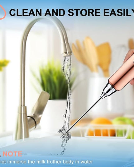YUSWKO Rose Gold Handheld Milk Frother Wand with Stand for Coffee, Rechargeable Electric Whisk with 3 Heads 3 Speeds Drink Mixer Coffee Frother For Latte, Cappuccino, Hot Chocolate, Egg
