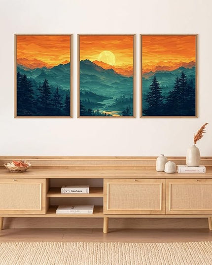 HOURIA Large Sunrise Mountain Forest Landscape Framed Canvas Wall Art Set,Orange Sky Green Ridge Wall Decor,Nature Pine Tree Artwork,Boho Watercolor Art Print for Living Room, Bedroom- 24"x36"x3