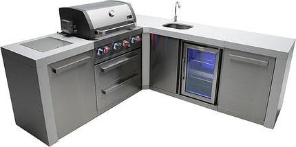 Mont Alpi MAi400-D90BEV 32-Inch 4-Burner 78000 BTU 90 Degree Corner Deluxe Stainless Steel Gas Outdoor Kitchen Barbecue Gas Island Grill w/Wine Cooler Beverage Center Refrigerator + Faucet & Sink