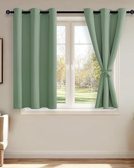 JIUZHEN Light Sage Blackout Curtains with Tiebacks Thermal Insulated, Light Blocking and Noise Reducing Grommet Curtains for and Living Room, Set of 2 Window Curtain Panels, 42 x 45 Inch Length
