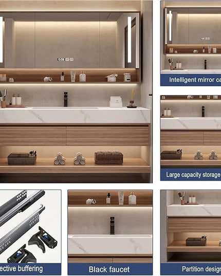 Wood Bathroom Vanity Set - 54IN LED Defogging Mirror | Wall Mounted Bathroom Vanity with Sink Include 2 Drawers, Open Storage & Mirror Cabinet Storage