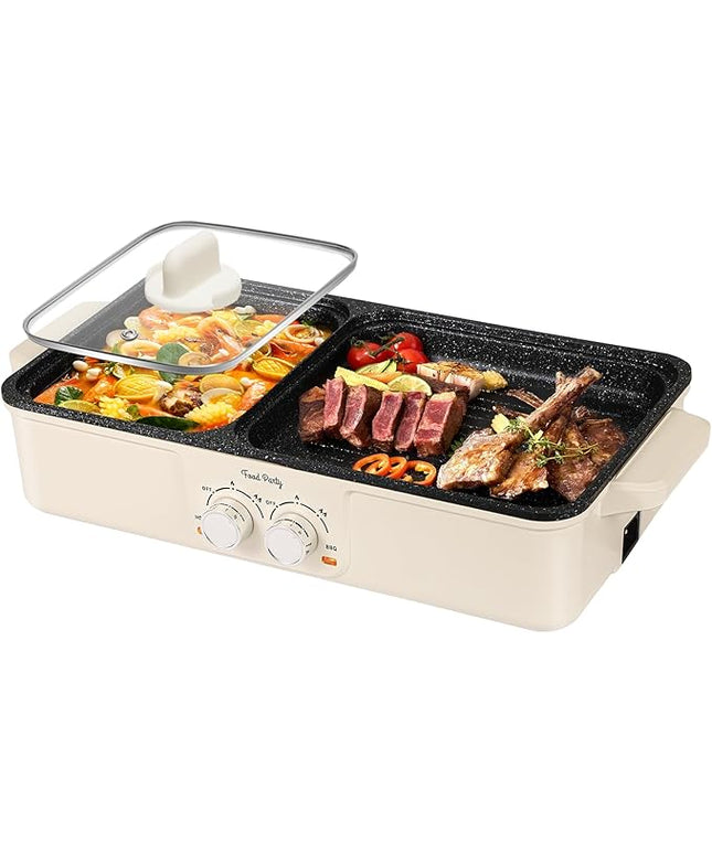 Food Party Hot Pot Electric Grill 2 in 1 Korean BBQ Grill Indoor Smokeless Hotpot Pot Electric Cooker Sahabu Shabu Pot Non Stick (Large)