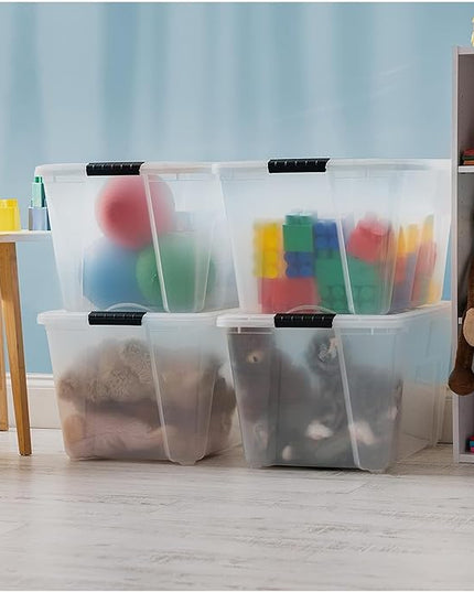 IRIS USA 51 L (54 QT) Plastic Storage Box with Lid and Latches - 4 Pack - BPA-Free, See-Through Organizing Solution, Durable Nestable Stackable Containers, Secure Pull Handle - Clear