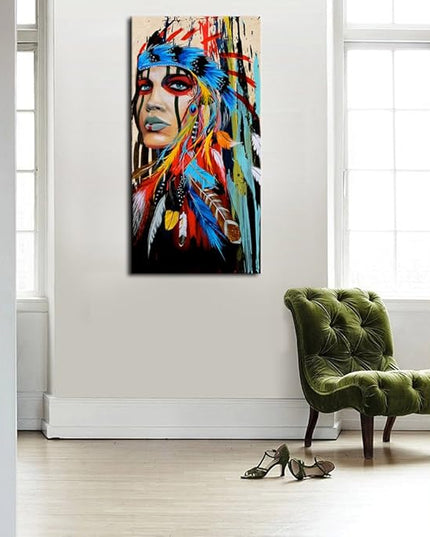 Canvas Wall Art Native American Indian Beauty Large Modern Canvas Artwork Girl with Colorful Feathers Contemporary Canvas Picture Bedroom Living Room Hallway Home Office Kitchen Wall Decor 40" x 20"