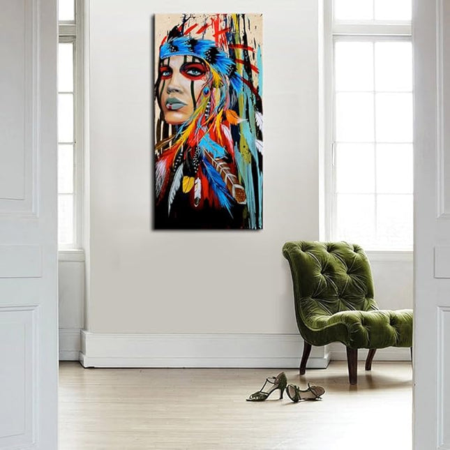 Canvas Wall Art Native American Indian Beauty Large Modern Canvas Artwork Girl with Colorful Feathers Contemporary Canvas Picture Bedroom Living Room Hallway Home Office Kitchen Wall Decor 40" x 20"