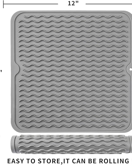 Silicone Dish Drying Mat for Multiple Usage,Easy clean,Eco-friendly,Heat-resistant Silicone Mat for Kitchen Counter or Sink,Refrigerator or Drawer liner Grey M 12 inches x 12 inches