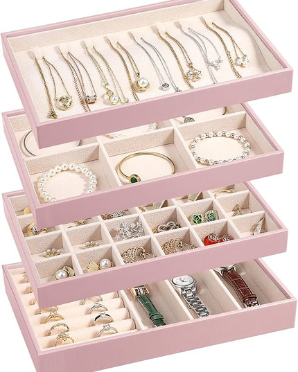 LANDICI Stackable Jewelry Organizer Trays 4 Set,PU Leather Jewelry Organizer Drawer,Jewelry Storage Display Tray for Earring Necklace Rings Bracelet with Removable Dividers,Rose Gold