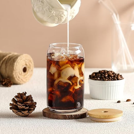 [ 12pcs Set ] Glass Cups with Bamboo Lids and Glass Straw - Beer Shaped Drinking Glasses, 16 oz Iced Coffee Glasses, Cute Tumbler Cup for Smoothie, Boba Tea, Whiskey, Water - 4 Cleaning Brushes
