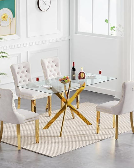 51" Glass Dining Table Set for 4, Modern Dining Room Table Set for 4, Gold X-Shape Pedestal Glass Table with 4pcs Beige Dining Chairs, 5 Piece Dining Set for Dining Living Room