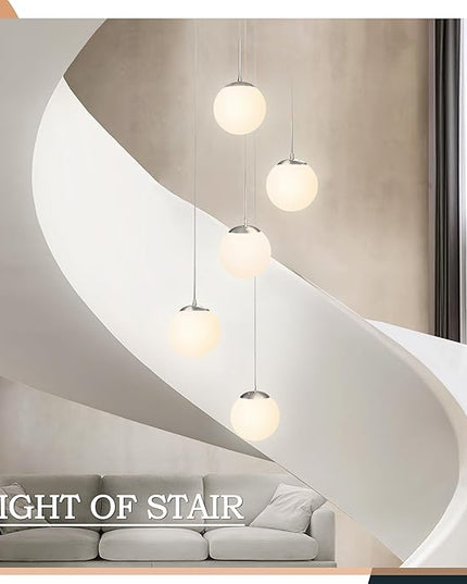 KoKo&Yukina 5-Light Globe Glass Pendant Light Adjustable Length Pendant Lights Fixtures Modern Nickel Chandelier with Milky White Glass Ceiling Lights for Foyer Hallway Bedroom (Bulb & Remote Incl.)