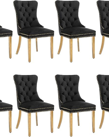 SoarFlash Velvet Dining Chair Set of 8, Upholstered Tufted Dining Room Chair with Nailhead Trim and Solid Gold Plated Leg for Kitchen (Black)
