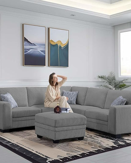Legend Vansen Oversized Modular Sectional Sofa,6 Seat U Shaped Couch with Ottoman,Corduroy Sofa with Deep Seat,Convertible Large Sectional Couches for Living Room (Grey, L-6)