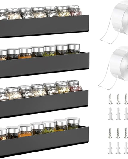 PMMASTO Adhesive Acrylic Spice Rack Organizer for Wall with Nano Double Sided Tape, Spice Shelf Organization for Kitchen Cabinet Door/Pantry Door, Wall Mount Seasoning Rack (Black - 4 Pack)