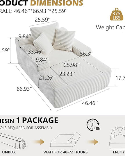 67" Boneless Chaise Lounge Chair,Indoor Corduroy Oversized Sleeper Sofa w/9.9'' Wide Armrest & 3 Soft Pillows, Convertible Boneless Sofa Bed - 2-in-1 Chair & Ottoman for Reading, Living Room,White