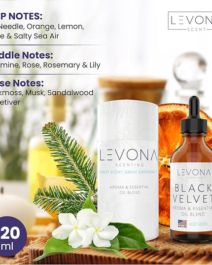 Levona Scents Oil Diffuser Essential Oils: Fragrance Oil for Diffuser - Black Velvette Diffuser Oils Scents - Woody Citrus with Herbal Floral Essential Oil Blends, Oakmoss, White Musk & Sandalwood