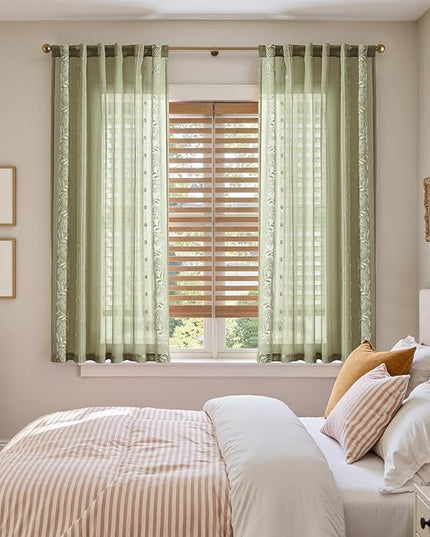 jinchan Winslow Sheer Curtains 63 Inch Length for Dorm Bedroom Bordered Floral Pattern Decorations Short Curtains Light Filtering Window Treatments, 50W x 63L, Ivory on Sage, 2 Panels