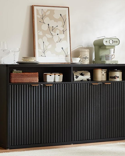 LEYAOYAO Fluted Buffet Cabinet with Storage, 55" Wide Wood Sideboard Credenza with 4 Doors & Open Storage Shelf, Modern Kitchen Console Accent Cabinets, Coffee Bar Table for Dining Room, Black Oak